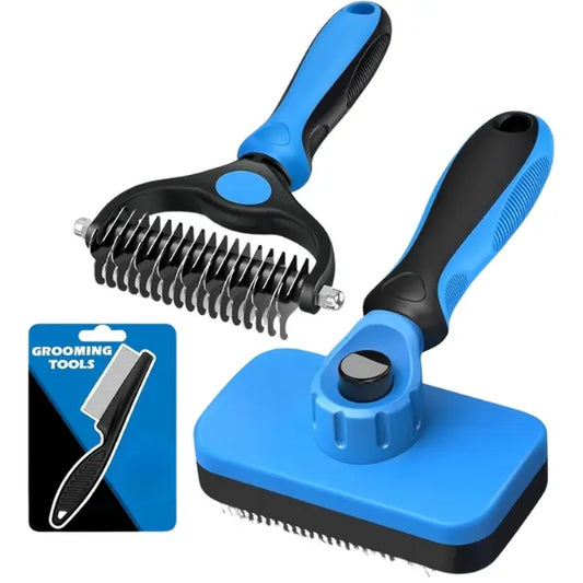 Ultimate 3PCS Self-Cleaning Pet Grooming Brush Set - Deshedding Rake & Fine Comb for Dogs and Cats